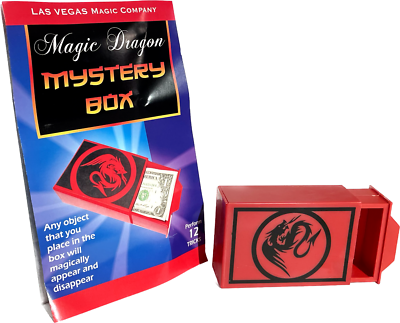 Red mystery box with dragon design next to its packaging on a white background