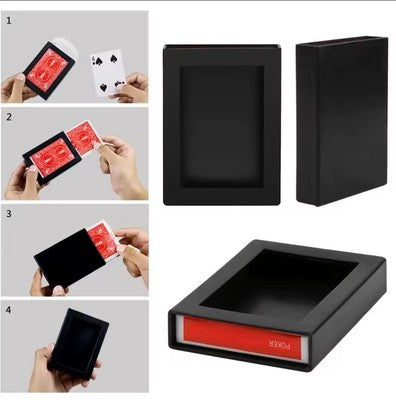 Black box with red interior, used for card tricks, shown in various stages of use.