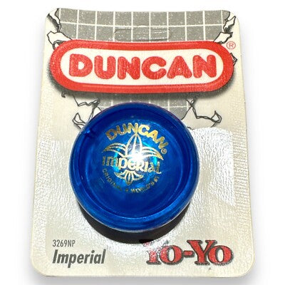 Blue yo-yo on a white card with 'Duncan' branding