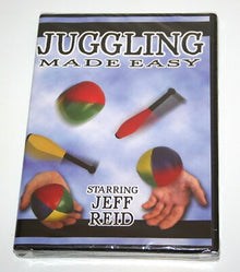 DVD cover of 'Juggling Made Easy' starring Jeff Reid with juggling balls and clubs on a white background.