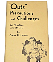 Booklet cover titled 'Outs Precautions and Challenges' by Charles H. Hopkins with a cartoon illustration on a beige background.