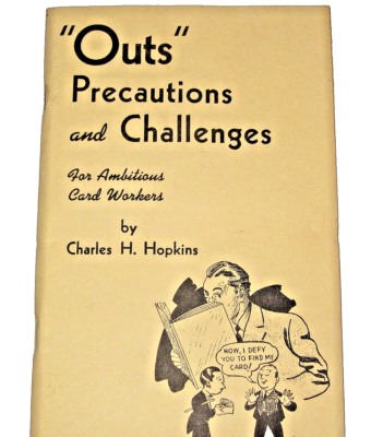 Booklet cover titled 'Outs Precautions and Challenges' by Charles H. Hopkins with a cartoon illustration on a beige background.