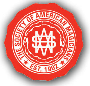 Red emblem of The Society of American Magicians with white text and logo on a white background