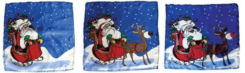 Set of three decorative towels featuring Santa Claus in a sleigh with reindeer on a blue background.