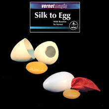 Magic trick set with 'Silk to Egg' packaging on a black background