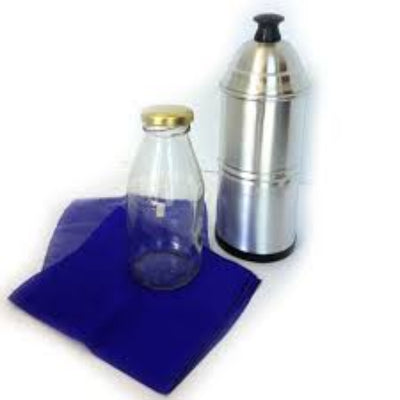 Glass bottle, metal container, and blue cloth on a white background