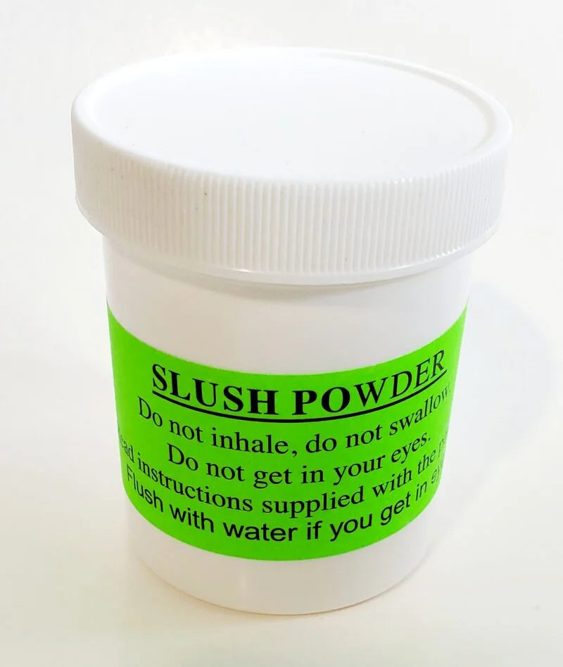 Container of slush powder with a green label on a white background
