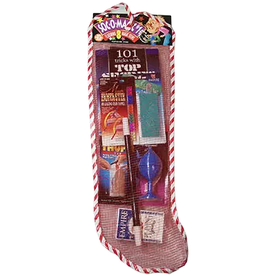 Decorative stocking with various items including a book titled '101 Tricks with Fire' on a white background.