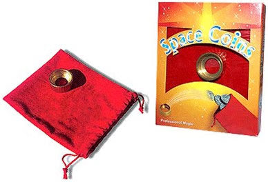 Red velvet pouch with a gold coin and Space Coins packaging on a white background