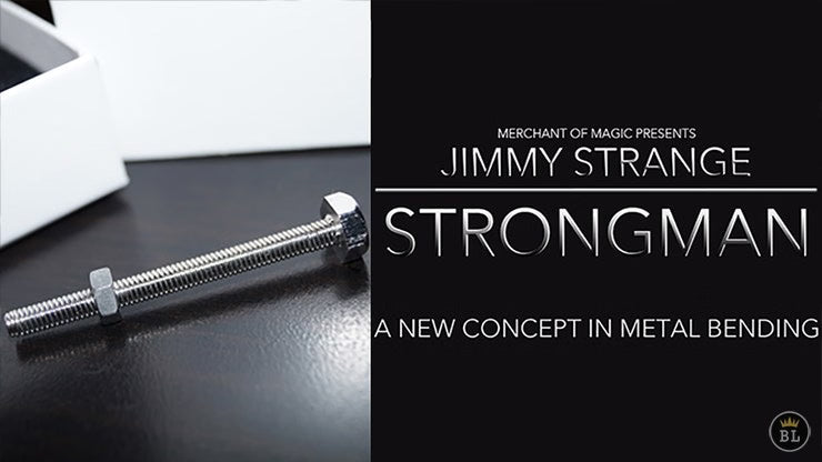 Metal rod on a reflective surface with 'Jimmy Strange Strongman' text and branding.