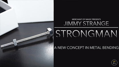 Metal rod on a reflective surface with 'Jimmy Strange Strongman' text and branding.