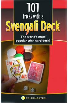 Card deck packaging with playing cards and dice, featuring '101 tricks with a Svengali Deck' text.