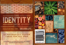 Card deck packaging with geometric design and nature-themed images on a brown background