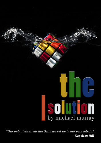 Rubik's Cube submerged in water with 'the I solution' text and quote by Napoleon Hill on a black background