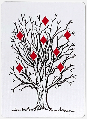 Tree with red diamond-shaped leaves on a white background