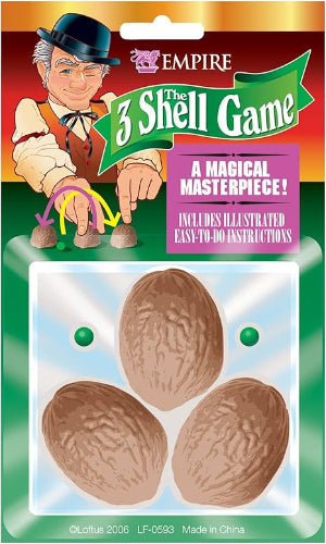 Packaging of The Shell Game by Empire with illustrations of a man and shells.