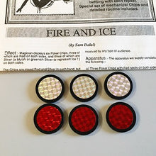 Set of six circular chips with red and silver design on a white background with text.