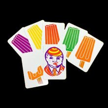 Set of playing cards with colorful illustrations on an orange background