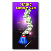 Magical money pad with dollar bills and a wand on a purple background