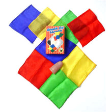 Colorful fabric bags with a Rubik's Cube-themed box in the center on a white background