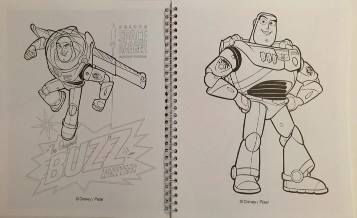 Coloring book page with a drawing of Buzz Lightyear from Toy Story.
