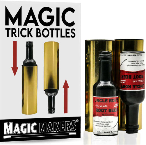 Magic trick bottles with gold and black bottles and a red label, featuring 'Uncle Roger's Original Root Beer'.