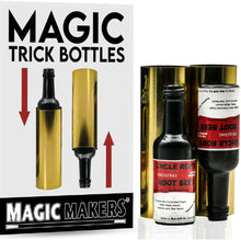 Magic trick bottles with gold and black bottles and a red label, featuring 'Uncle Roger's Original Root Beer'.