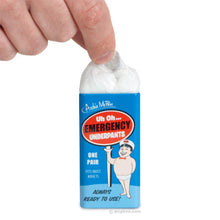Bottle of 'Un Oh Emergency Underpants' with a hand holding it on a white background