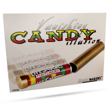 Product packaging for 'Vanishing Candy Illusion' with colorful candy and gold pen on a white background.