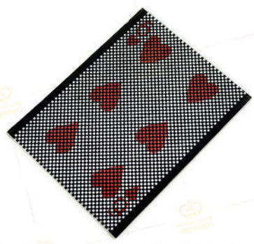 Black and white checkered mat with red hearts on a white background