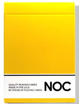 Yellow playing card box with 'NOC' branding on a white background